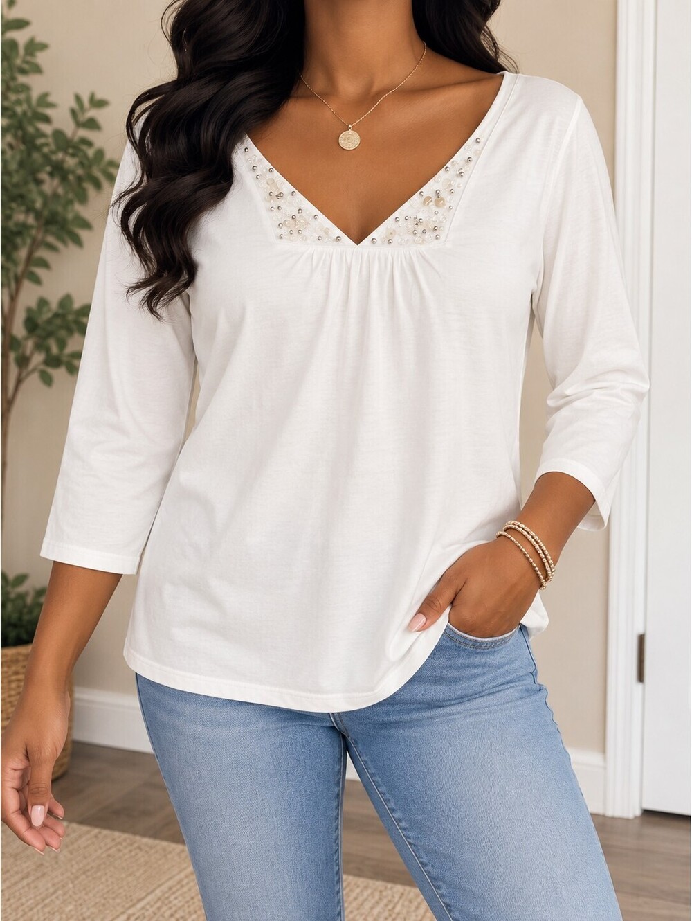 Talbots Petites Top Women XL White Cotton Beaded V Neck 3/4 Sleeve Preppy